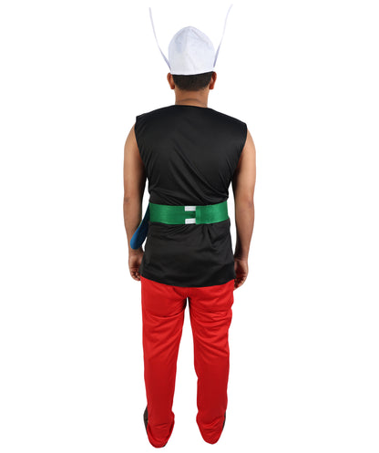 HPO Men's Gaulish Warrior Multicolor Costume | Sleeveless Black Vest Top Bright Red Trousers Winged Helmet Novelty | Halloween Cosplay Theater Drag Performance Costume Events