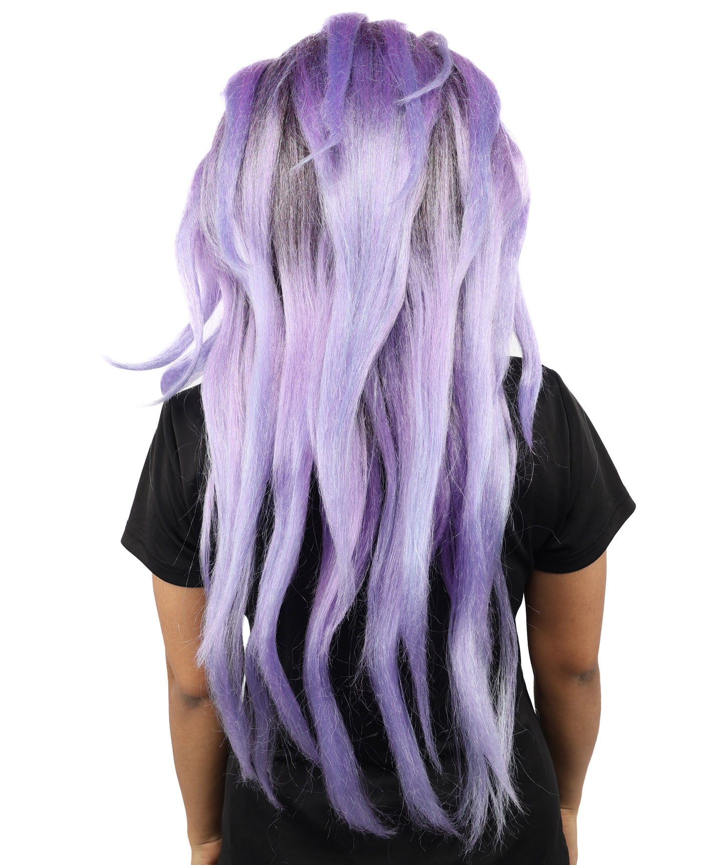 HPO Women's Long Wavy Fantasy Purple wig | Dark roots transitioning to luminescent blue tips, created of flame-retardant synthetic fiber, capless base | Theater stage, costume events, drag