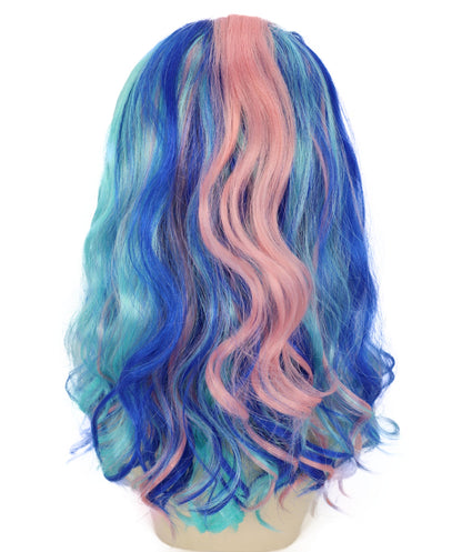 HPO Adult Vibrant Ombre Pink and Blue Water Ripple Curly Wig| Ideal for Halloween | Breathable Capless Cap