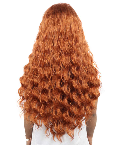 HPO Women's Long Deep Wave Wig | 28 Inch Copper Red Crimped Texture Synthetic Fiber | Party Halloween Cosplay Theater Drag Performance Costume Events