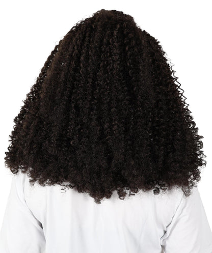 HPO Adult Women’s Voluminous Medium Brown Curly Half-Up Wig | Halloween and Cosplay Wig | Flame-retardant Synthetic Fiber