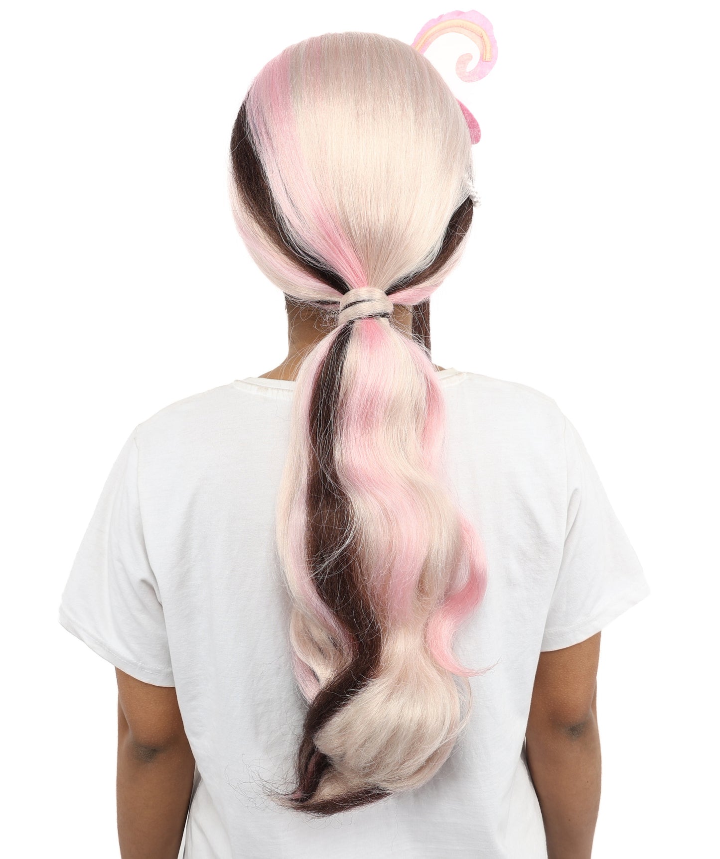 HPO Princess Style Fantasy Ponytail Wig with Feather Crown – Long 23 Inch Dual-Tone Brown & Pink Waves | Ideal for Cosplay, Parties & Halloween