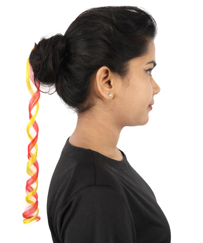 HPO Women's Spain Flag Hair Extension | Coiled red and yellow synthetic fibers featuring a twisted attachment design | Ideal for party, Halloween, cosplay, theater, drag, performance, costume events