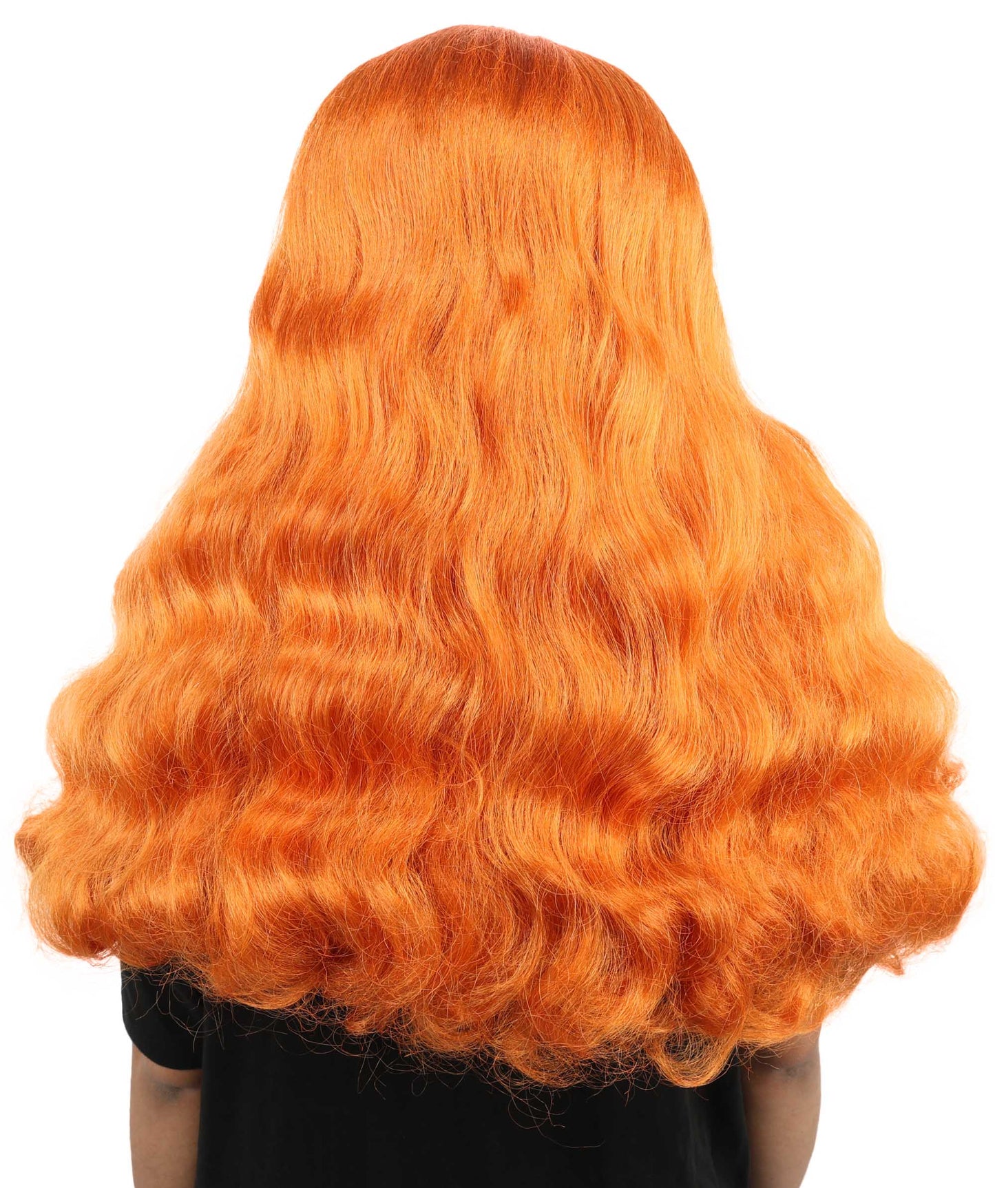 HPO Women's Long Orange Wavy Wig | Center Parted Ginger Curls with Voluminous Ends, Heat Resistant Synthetic Fiber & Breathable Cap | Halloween, Teen Roleplay, Theater, Themed Party & Costume Events