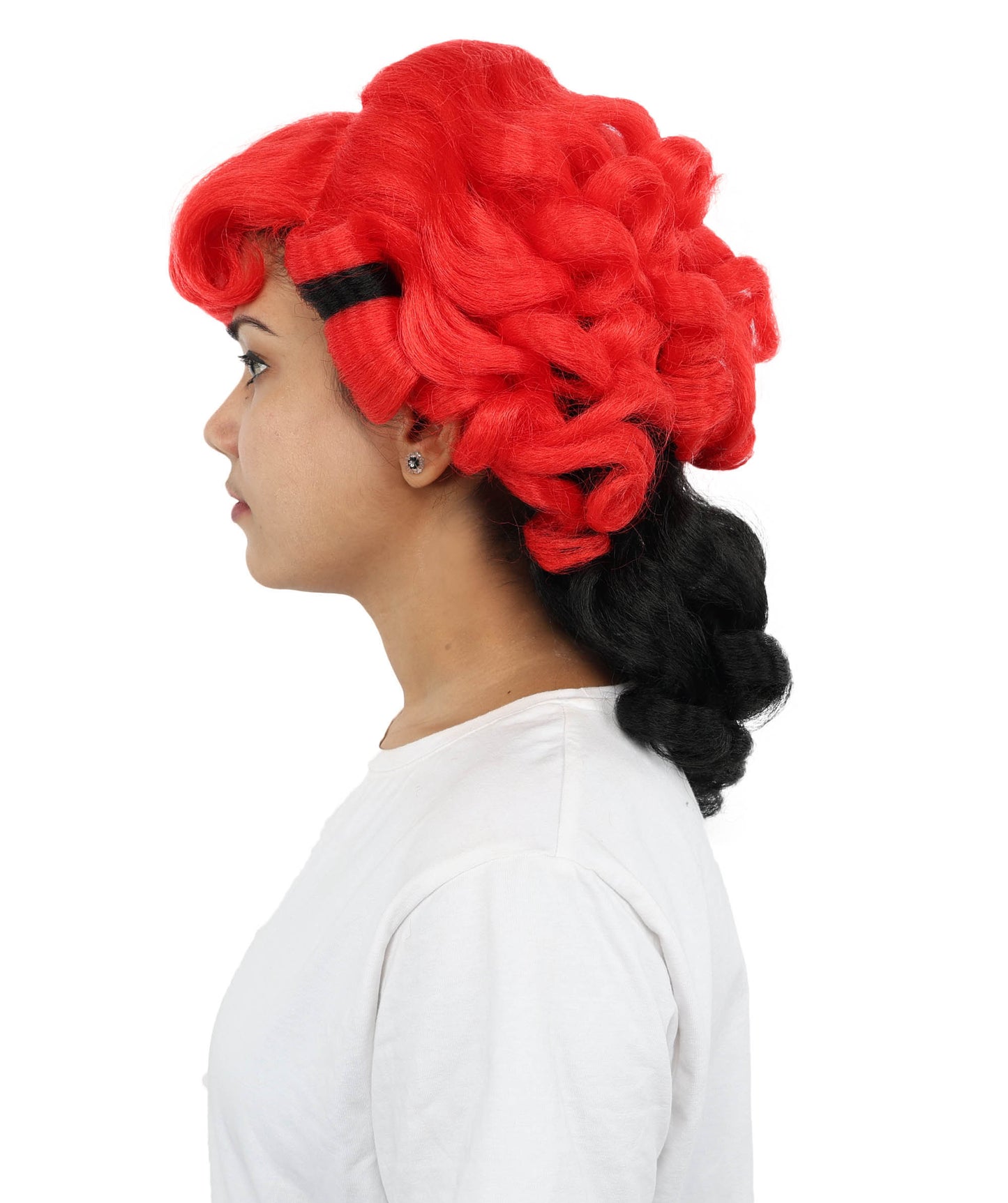 HPO Women's Short Curly Wig with Bangs | Red and Black Synthetic Hairpiece | Adjustable Inner Straps Cap | Lightweight Wig