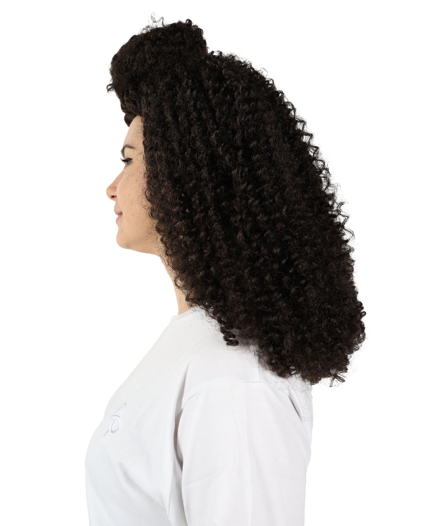 HPO Adult Women’s Voluminous Medium Brown Curly Half-Up Wig | Halloween and Cosplay Wig | Flame-retardant Synthetic Fiber