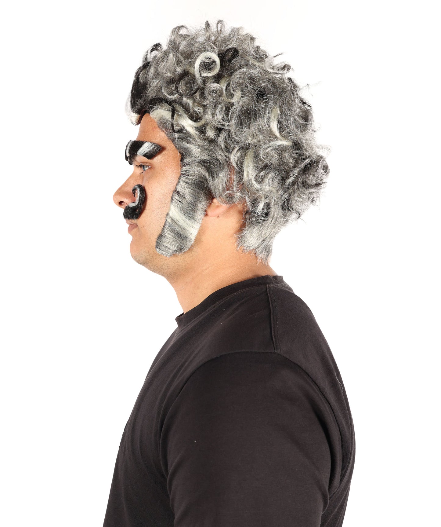 HPO Men's Headmaster Dark Gray Wig with Mustache Set | Halloween Wig | Flame-retardant Synthetic Fiber