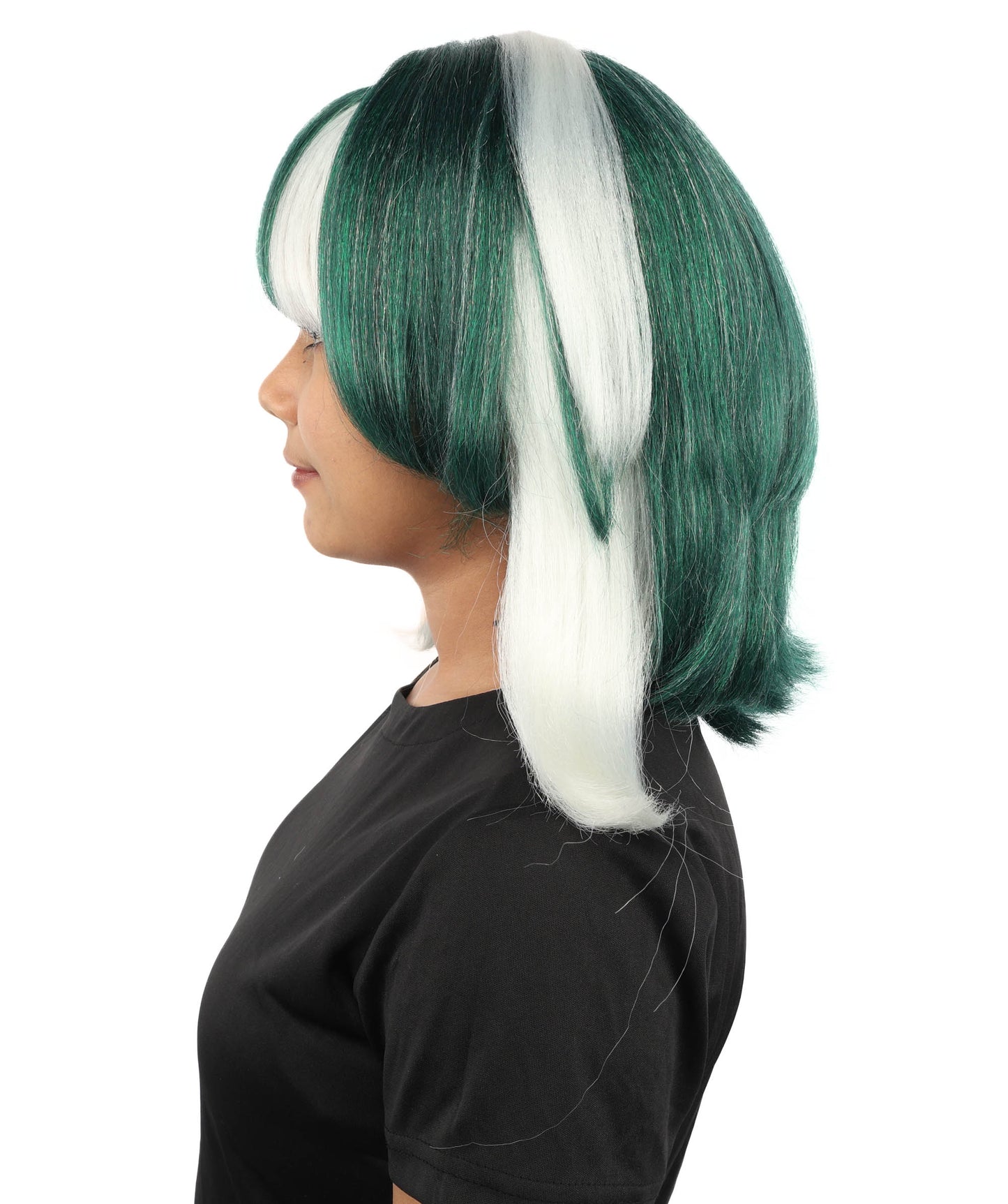 HPO Women's Geometric Character Wig | Deep emerald green with white accents, create of synthetic fiber, sleek straight bob with long framing strands, breathable base | Party, Halloween, theater, drag, performance, costume events