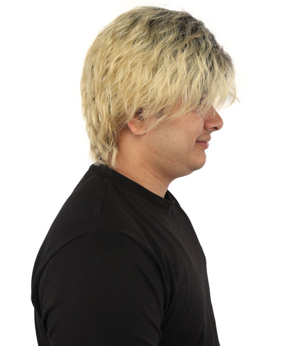 HPO Men's Messy Wavy Shag Black & Grey Wig | Two-tone rooted hue, create of synthetic fiber, relaxed tousled volume, breathable base | Party, Halloween, theater, drag, performance, costume events