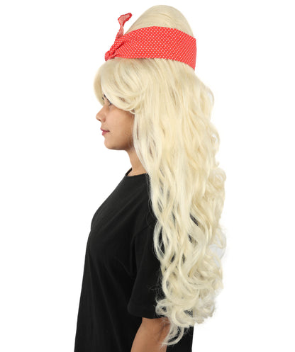 HPO Women’s Retro Beehive Wig with Red Bow | Multicolor Options | Extra Long Wavy Fancy Dress Accessory | Fancy Dress Accessory | Celebrity-Inspired Hair for Halloween, Cosplay & Music Tribute Parties