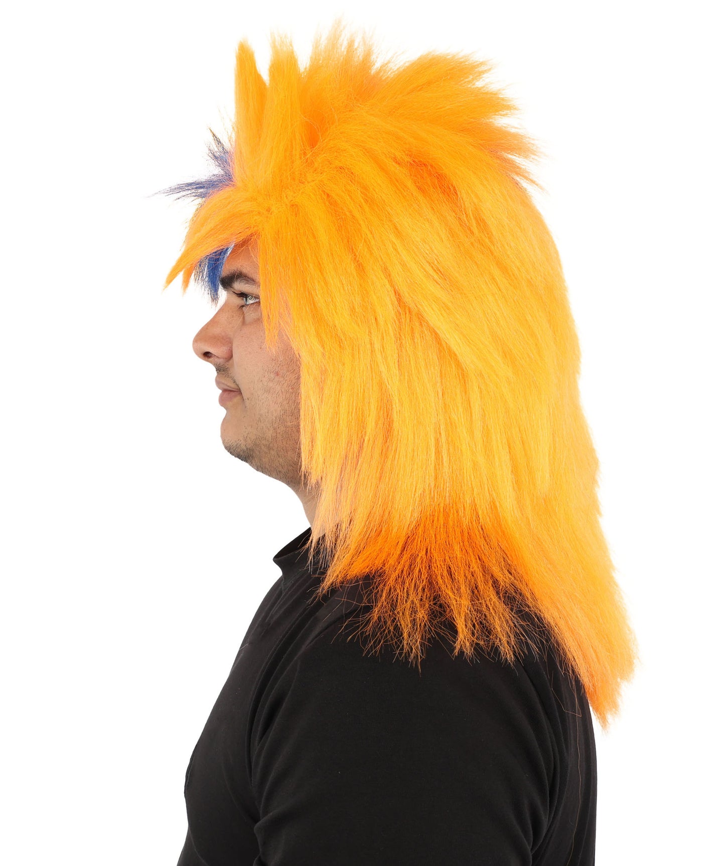 HPO Men's Navy Blue and Orange Sports Wig | Split Color Spiky Shag Style Flame-retardant Synthetic Fiber | Halloween Themed Party American Football Fan Gear
