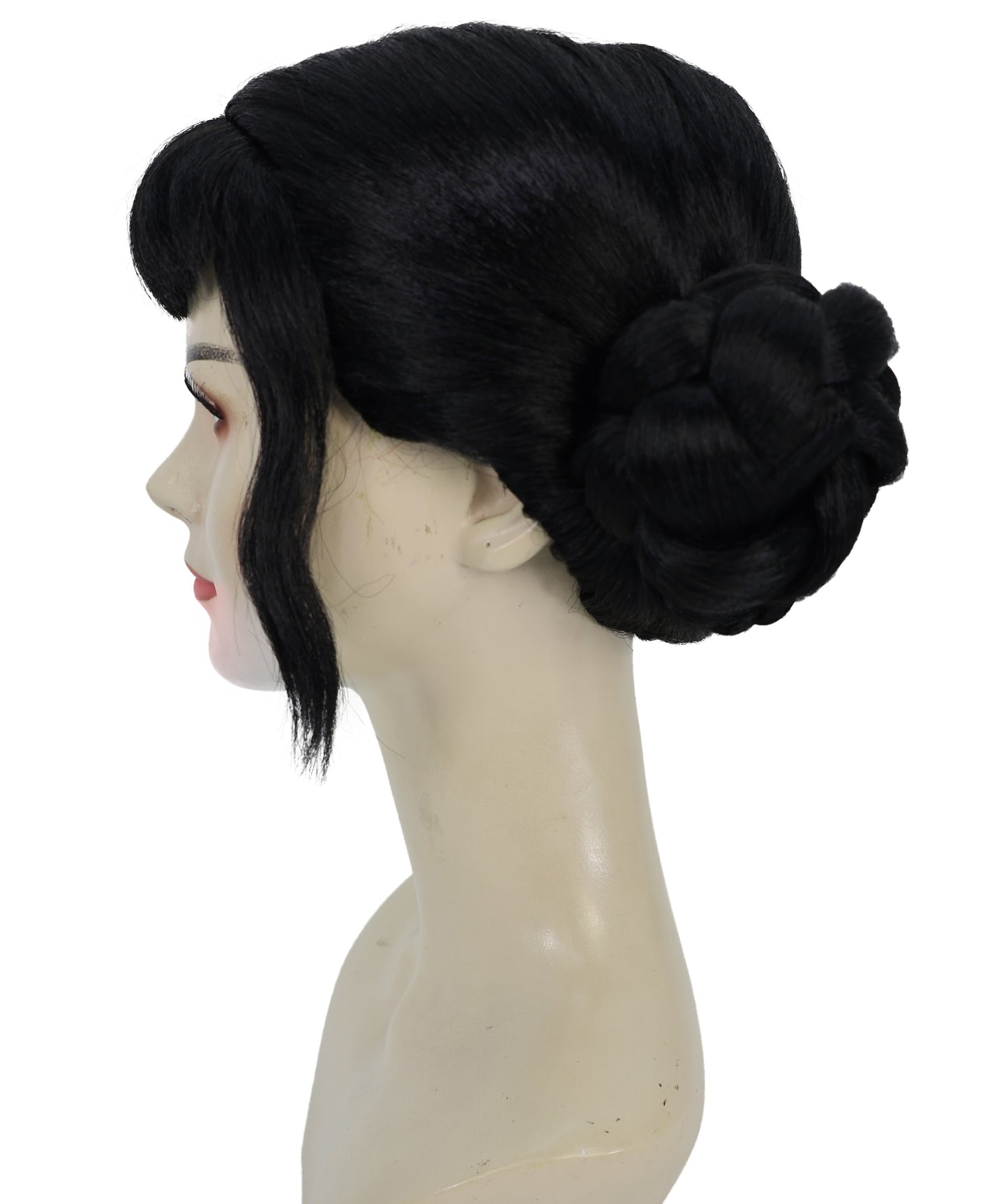 HPO Adult Women’s Popular K-Pop Demon Hunter Wig Black High Bun with Front Bangs | Halloween Wig | Futuristic Pop Star Warrior Look