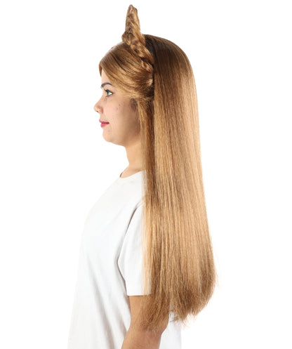 HPO Women’s Extra Long Brown Wig with Loop Crown Headpiece | 27 Inch Straight Synthetic Hair with Decorative Loops for Halloween and Cosplay | Capless Cap Design