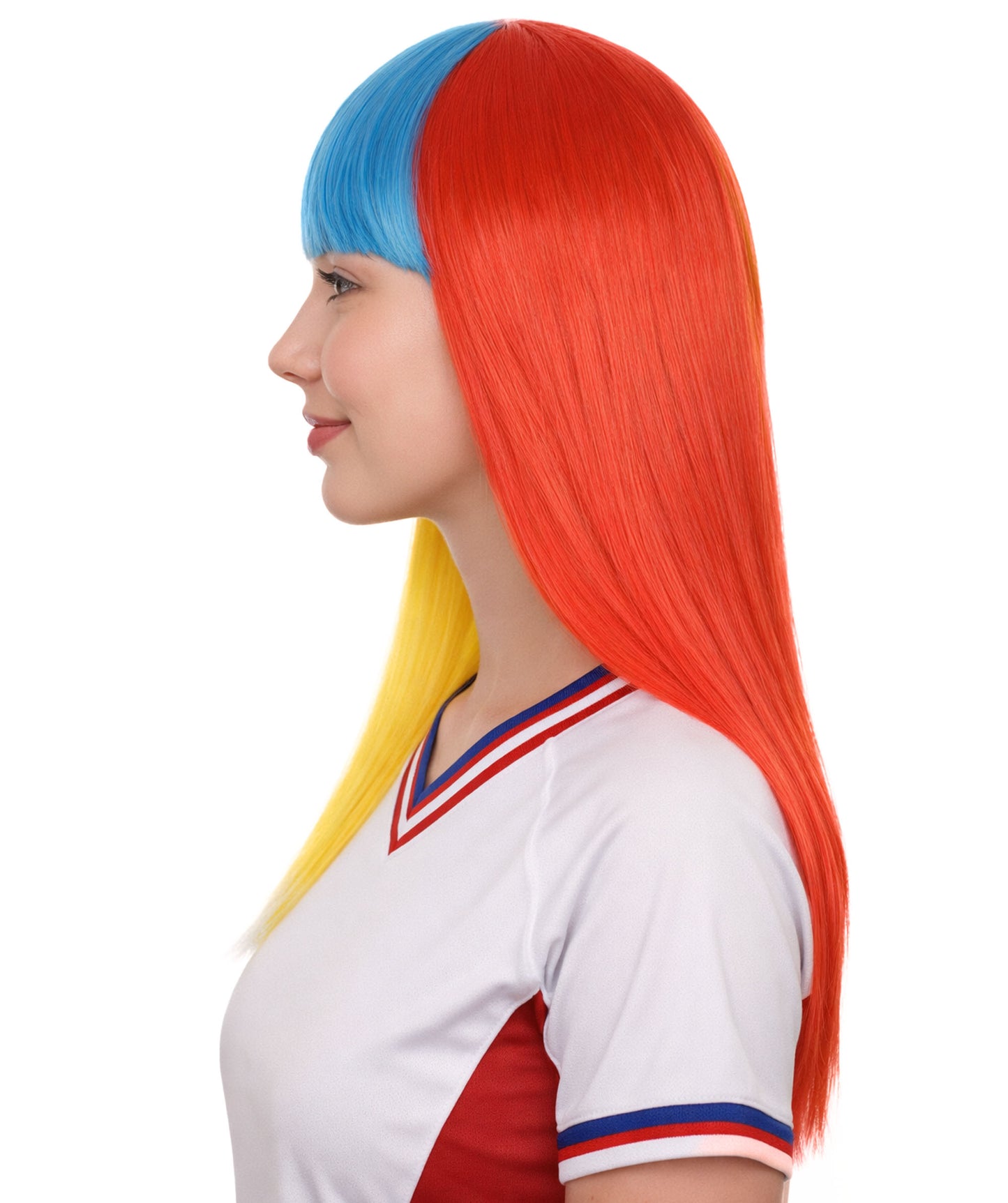 Colombia Flag Sport Party Long Bob Wig | Patriotic Character Halloween Wig | Premium Breathable Capless Cap