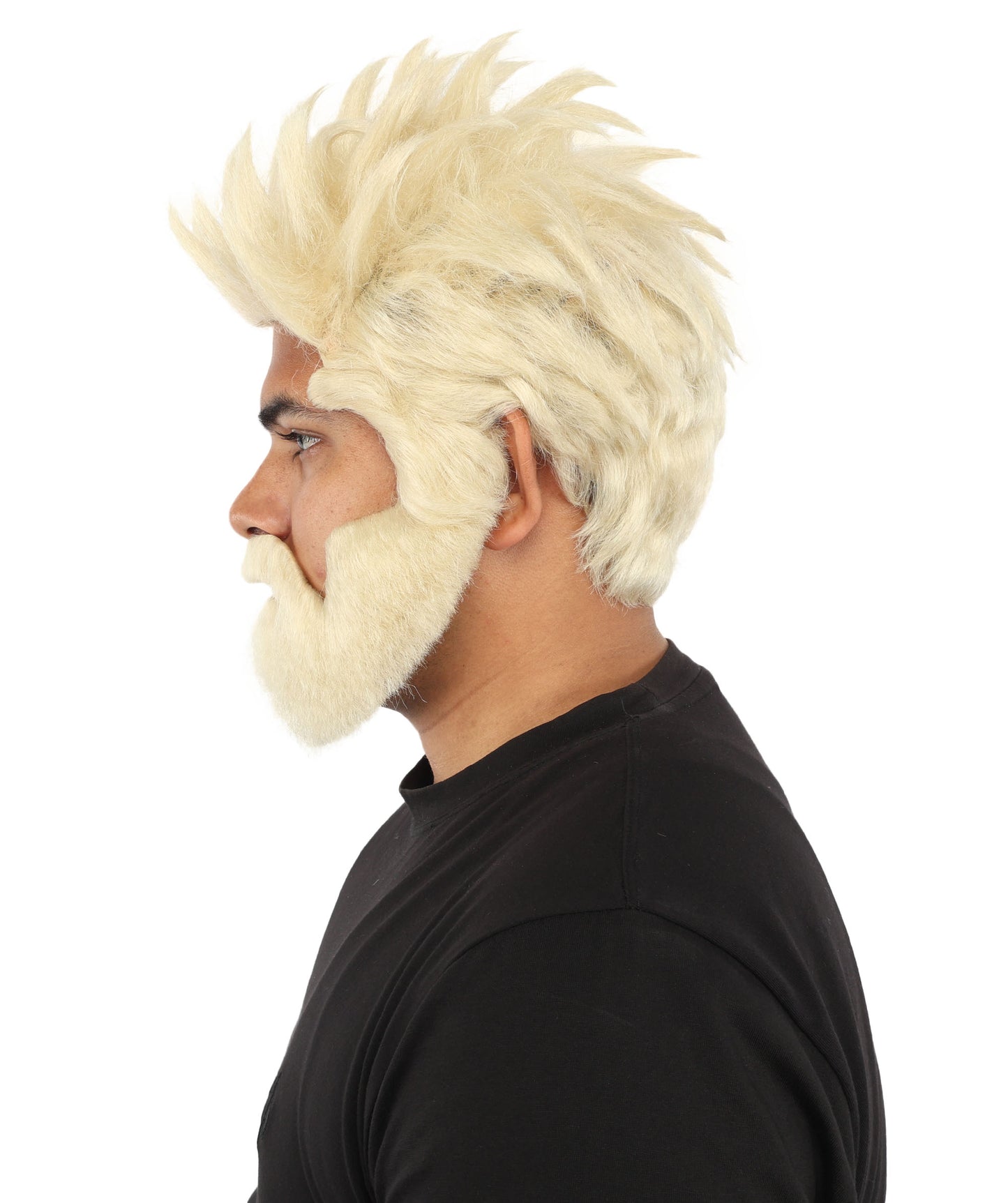 HPO Men’s Animated Genius Spiky Wig Beard & Mustache Set  – Wild Mad Scientist Pointed Beard & Curled Mustache Combo | Ideal for Animated Cosplay, Halloween Parties & Events