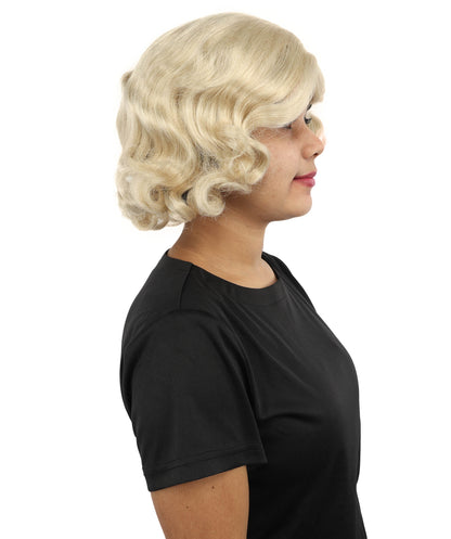 HPO Women’s Medium Length Blonde Curly Retro Wig – 11 Inch Retro Vintage Style Wig with Waves | Inspired by Timeless Music Star Look for Halloween and Cosplay