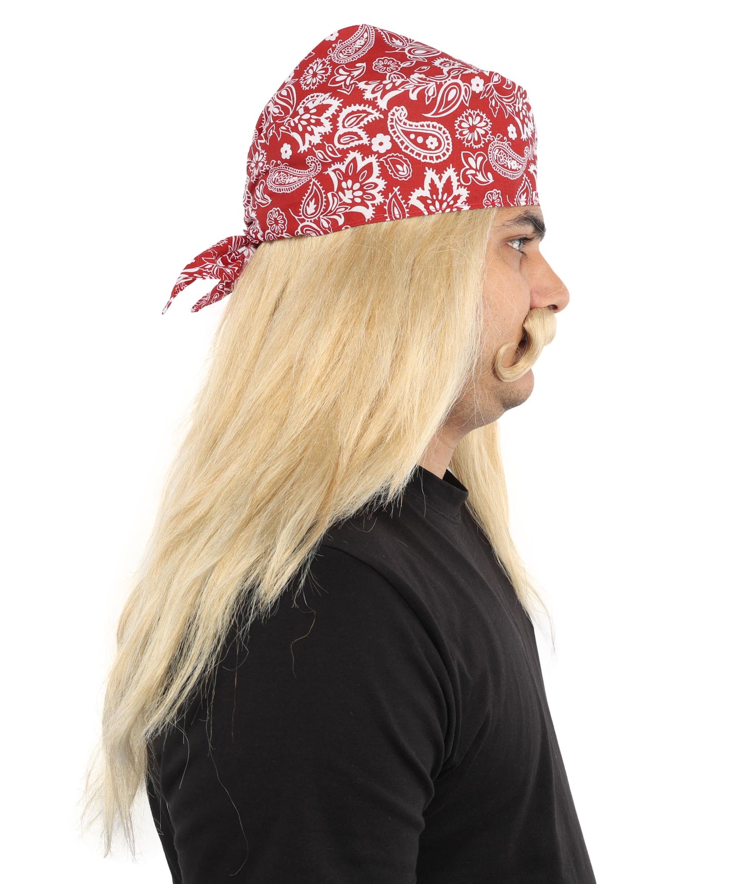 HPO Men’s Long Mullet Style Wig with Moustache and Red Hat | Extended Back Hair with Facial Set | Party Styling for Theme Events, Cosplay & Stage Roles