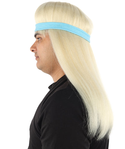 HPO Men's Long Auburn Wig with Headband | Straight Reddish Texture with Blunt Bangs & Included Teal Band, Heat Resistant Fiber | Halloween, Troll Roleplay, Fantasy Party, Carnival & Theater