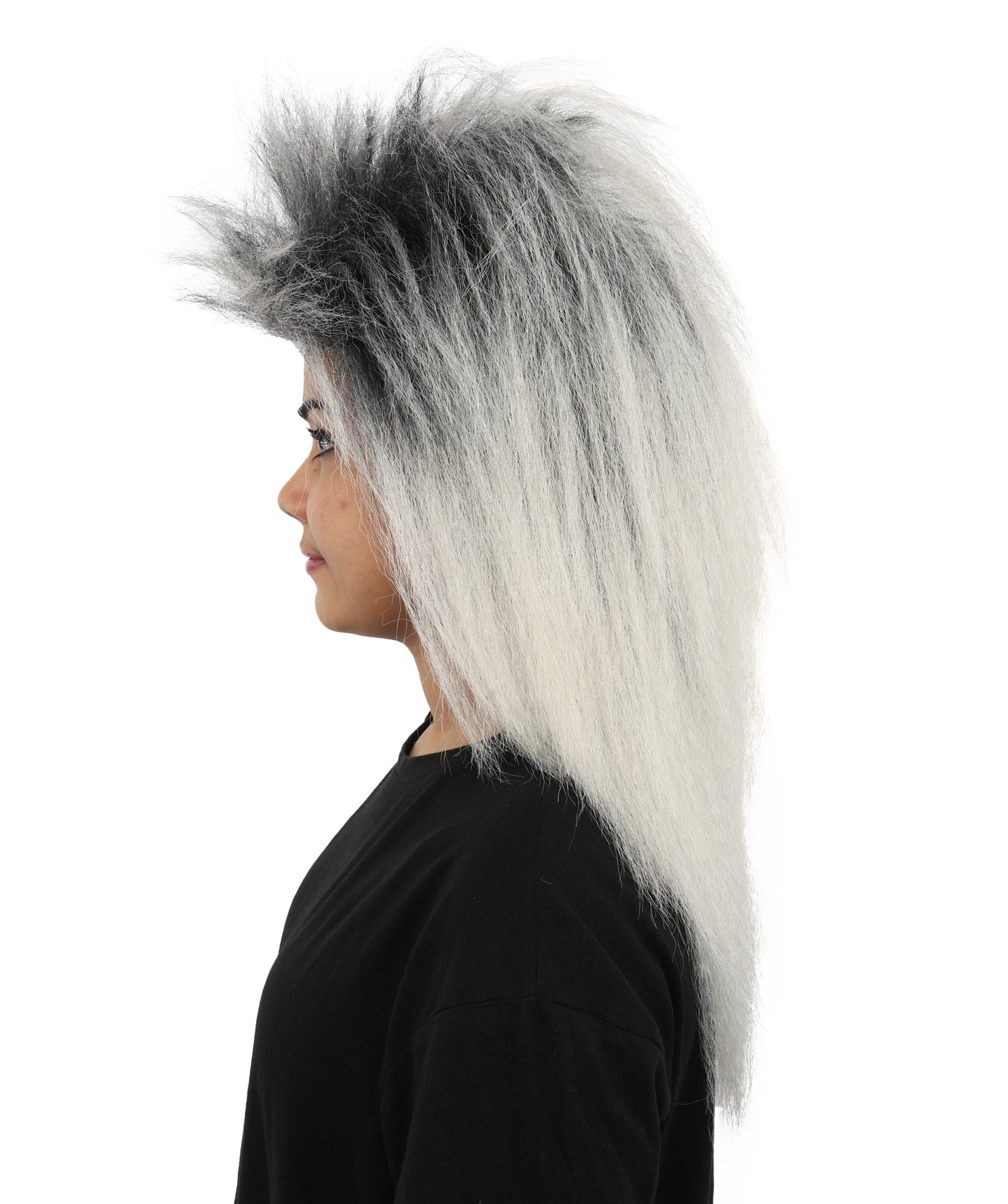 HPO Women's Heavy Metal Undead Black & Grey Wig | Messy Grayish-White Hairpiece with Distressed Texture | Adjustable Cap for Halloween, Cosplay, Stage & Parties