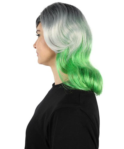 HPO Women’s Ombre Grey & Green Short Wavy Bob Wig with Bangs | Synthetic Fashion Wig | Daily Wear, Cosplay, or Costume Use