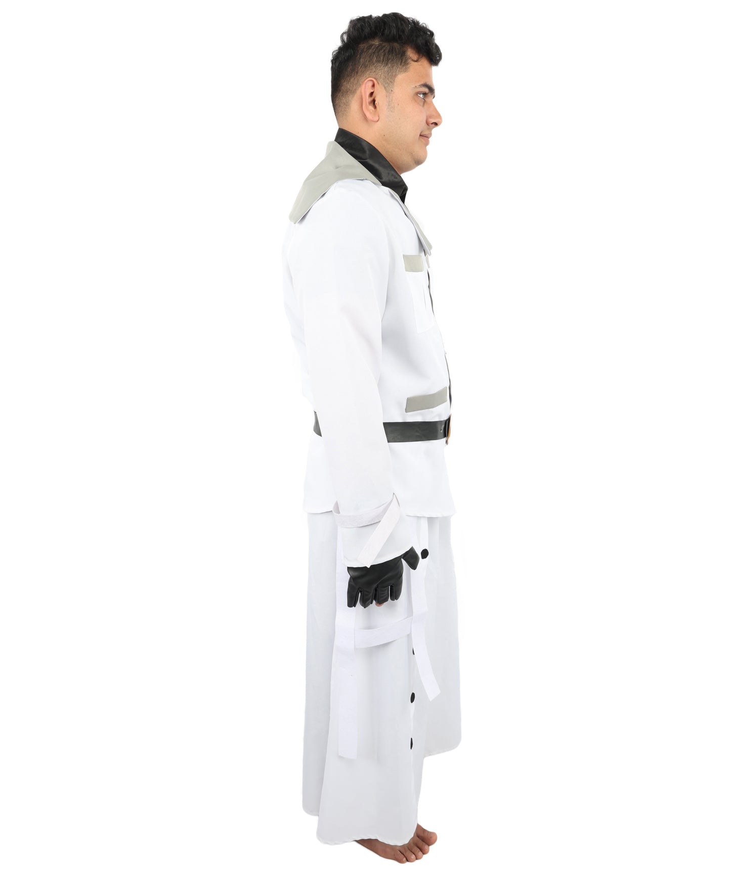 HPO Men's Sci-Fi Executive Officer Costume | White Trench Coat Uniform with Layered Black Scarf and Belts | Ideal for Halloween, Theater, Drag, and Gaming Events