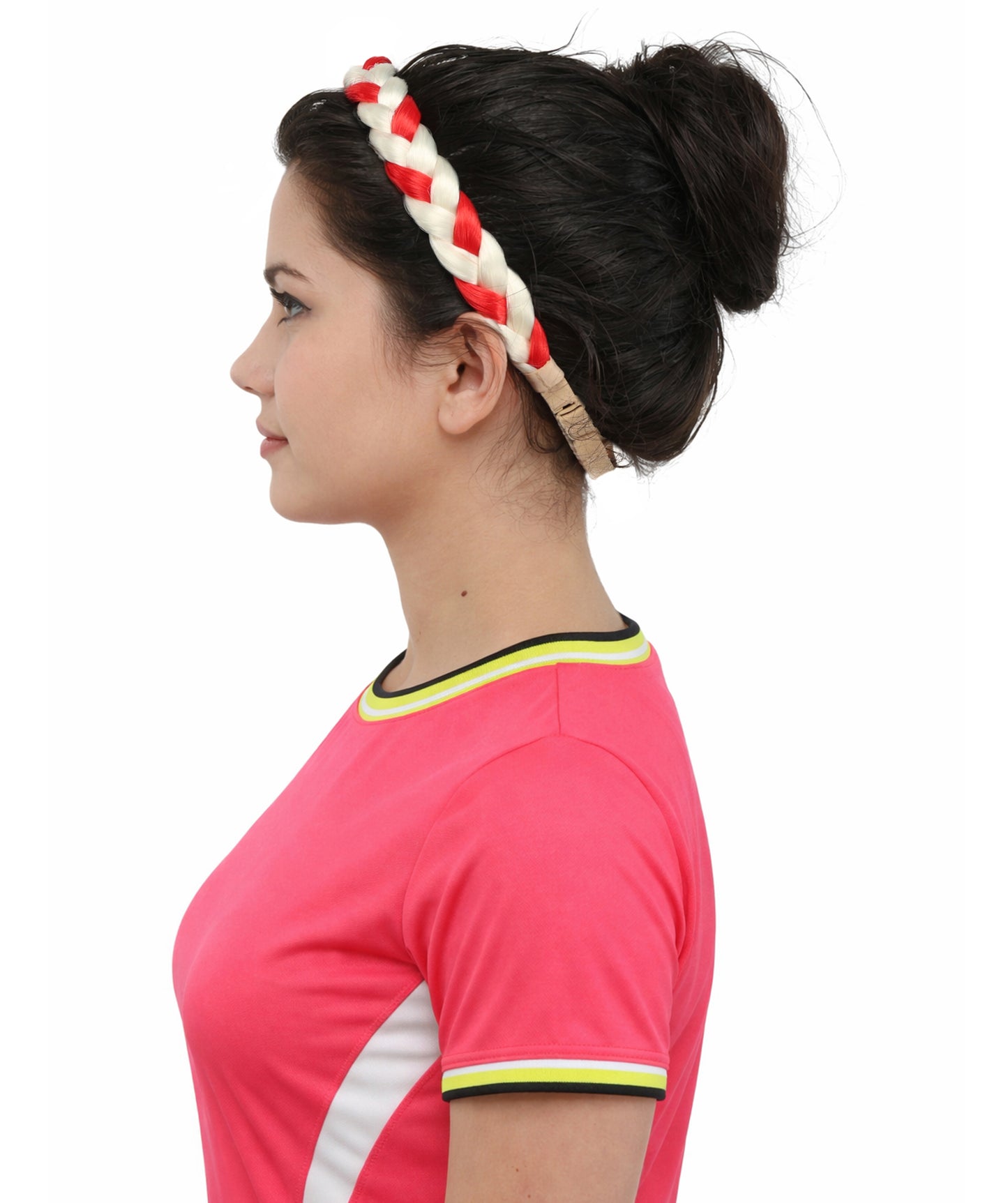 HPO Women's International Braided Headband | Textured red and white synthetic fibers woven into a twisted headband with an elastic back | Ideal for party, Halloween, cosplay, theater, drag, performance, costume events