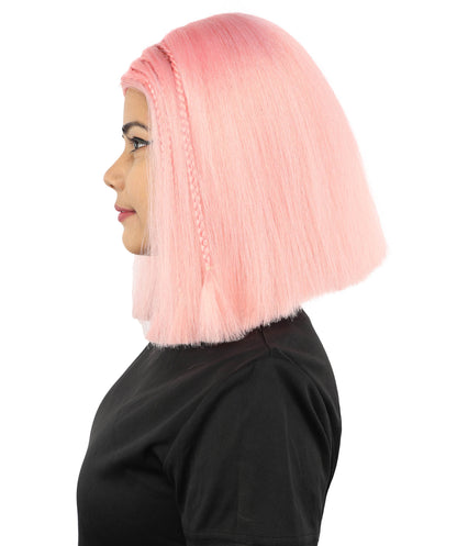 HPO Celebrity-Style 11 Inch Green Rooted Blonde Front Braided Straight Wig | Shoulder-Length Fun, Bold, and Stylish Hairpiece  | Ideal for Halloween, Cosplay, and Themed Parties