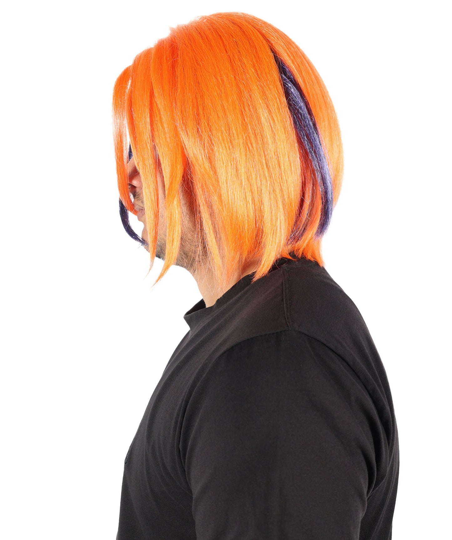 HPO Men's 12 Inch Short Orange and Dark Blue Straight Wig | Flame-Resistant Capless Hairpiece | Lightweight Capless Design for Halloween and Party