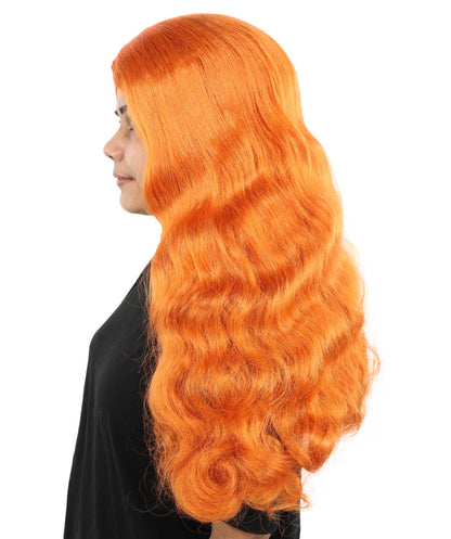 HPO Women's Long Orange Wavy Wig | Center Parted Ginger Curls with Voluminous Ends, Heat Resistant Synthetic Fiber & Breathable Cap | Halloween, Teen Roleplay, Theater, Themed Party & Costume Events