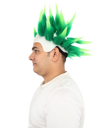 HPO Men's Spiky Bald Illusion Light Green Wig | Two-tone vibrant hue, create of synthetic fiber, stiff spiked volume, integrated forehead piece | Party, Halloween, theater, drag, performance, costume events