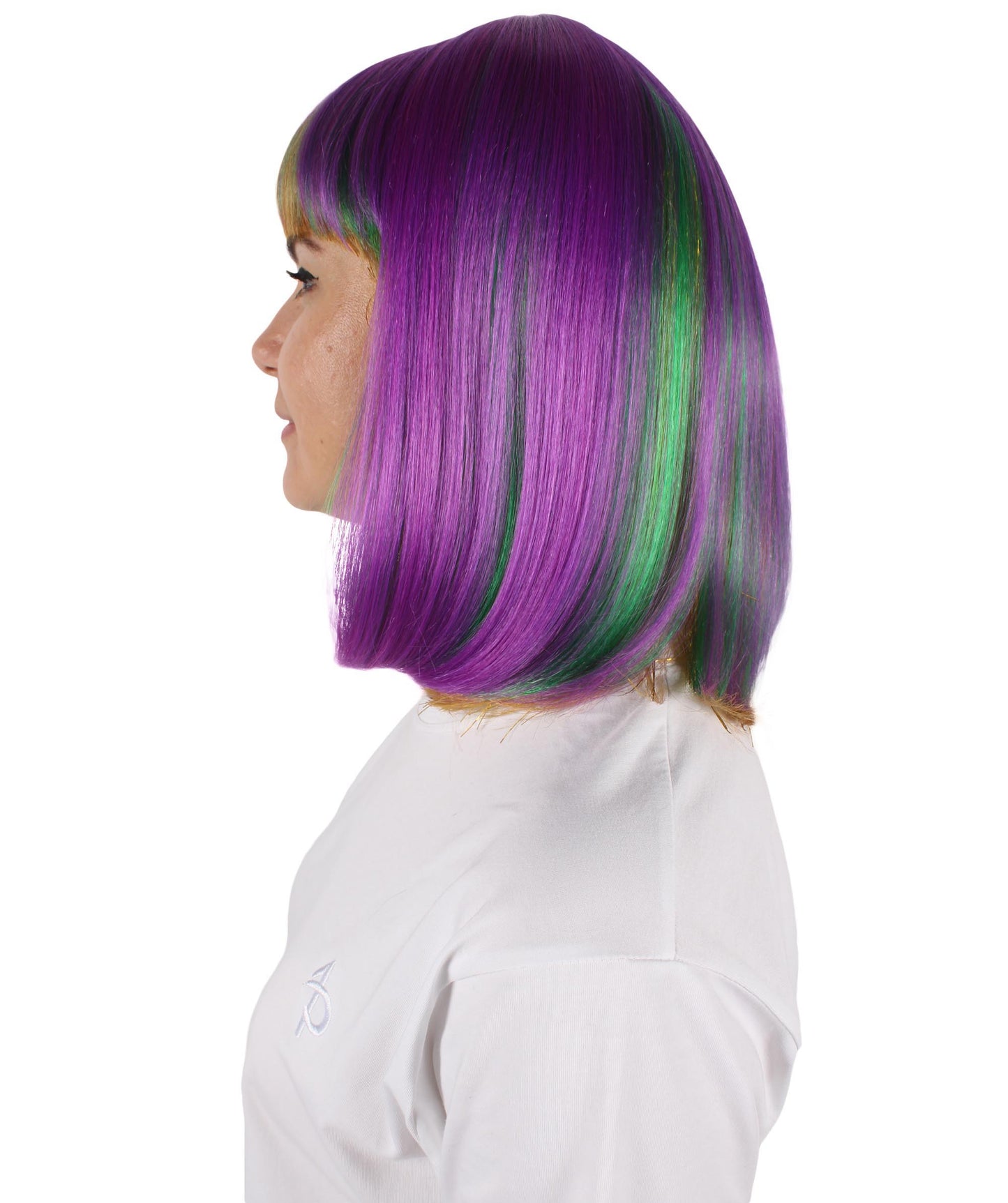 HPO Women's Multi colour Mardi Grass Festival Bob Wig with Bangs I Flame-retardant Synthetic Fiber