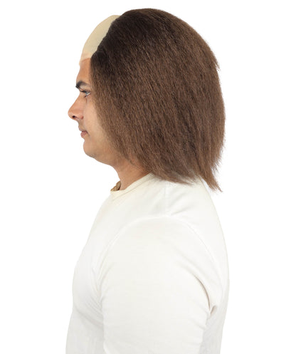 HPO Half Bald Cap Brown Wig with Gray Frizzy Side Hair – Comedic Old Age Costume Wigs - Hairpiece for Cosplay Party