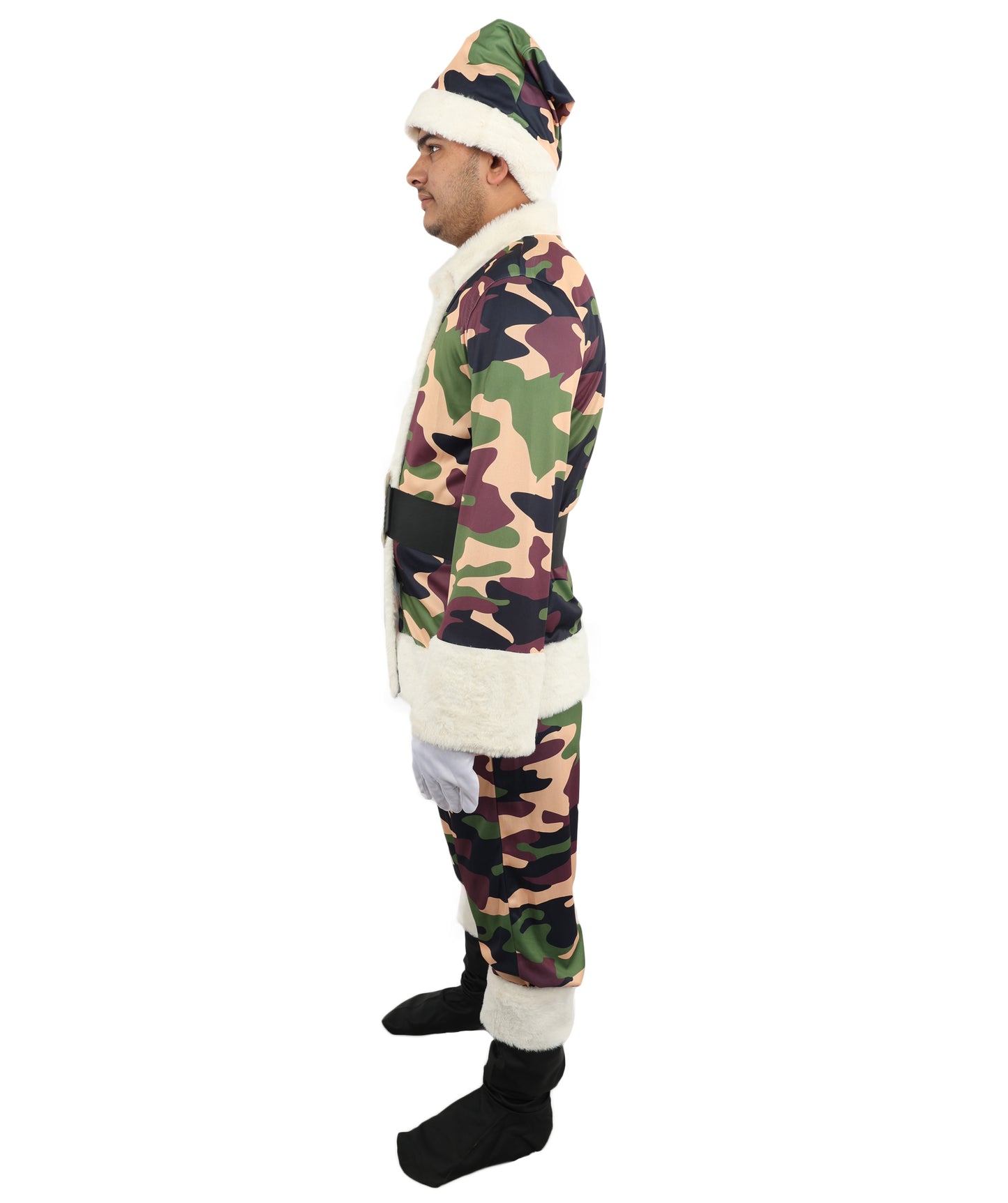 HPO Men's Camouflage Santa Costume | Plush Faux Fur Trimmed Jacket and Pants with Matching Hat | Ideal for Halloween, Theater, Drag, and Outdoor Holiday Events