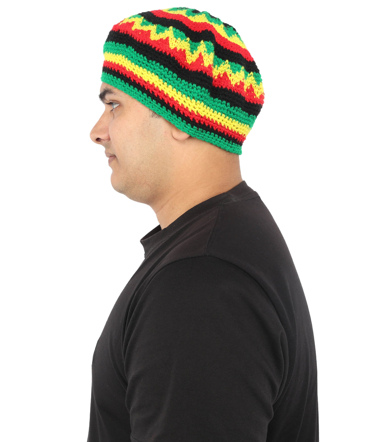 HPO Red Yellow Green Striped Rasta Beanie Hat Rainbow Knit Cap - Knitted Rainbow Headwear with Black Accents Rounded Relaxed Fit for Halloween Cosplay Parties & Events