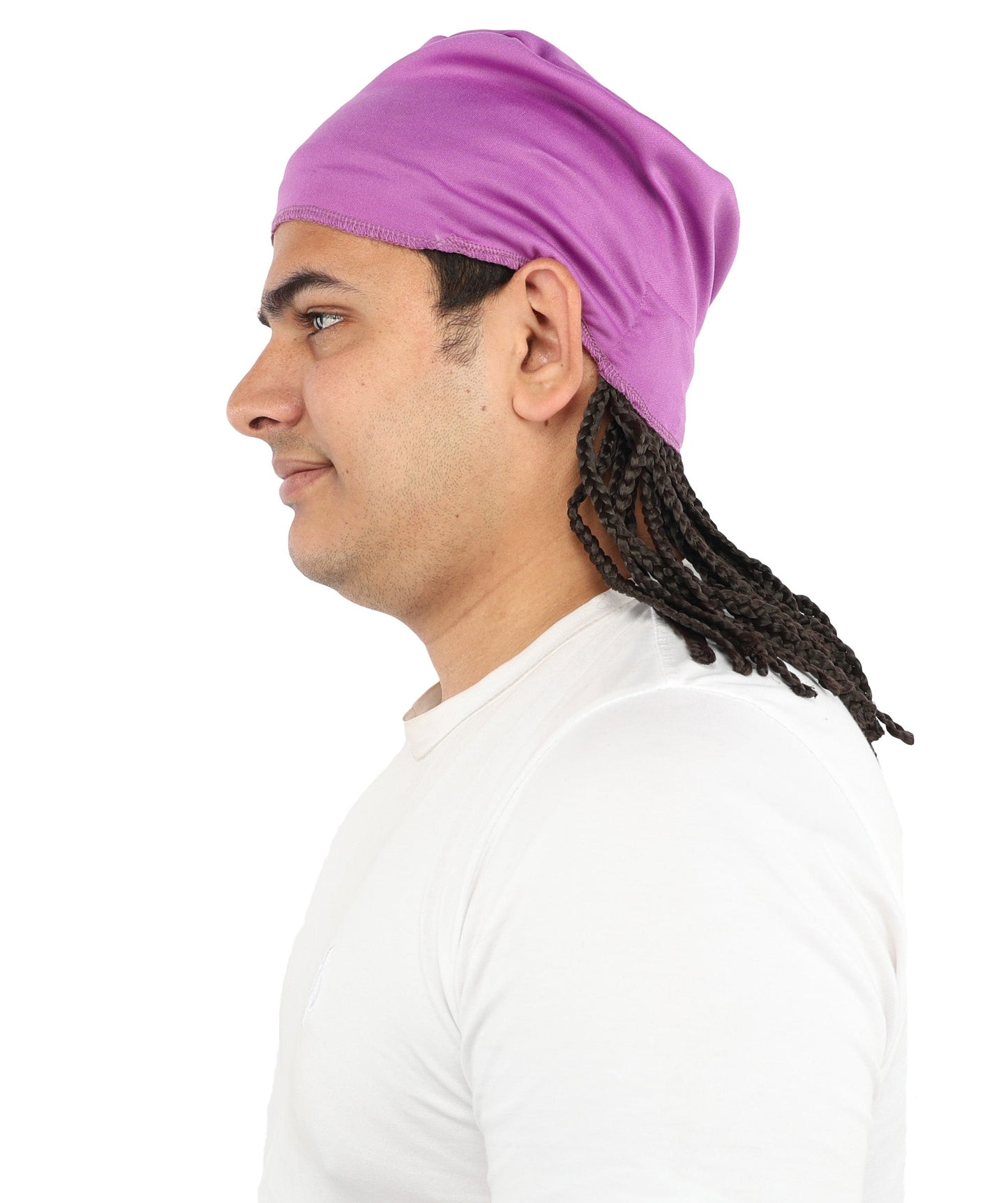 Men’s Movie Character Inspired Black Braided Wig with Purple Head Wrap Hat | Flame-retardant Synthetic Fiber | Ideal Hairpiece for Cosplay & Halloween