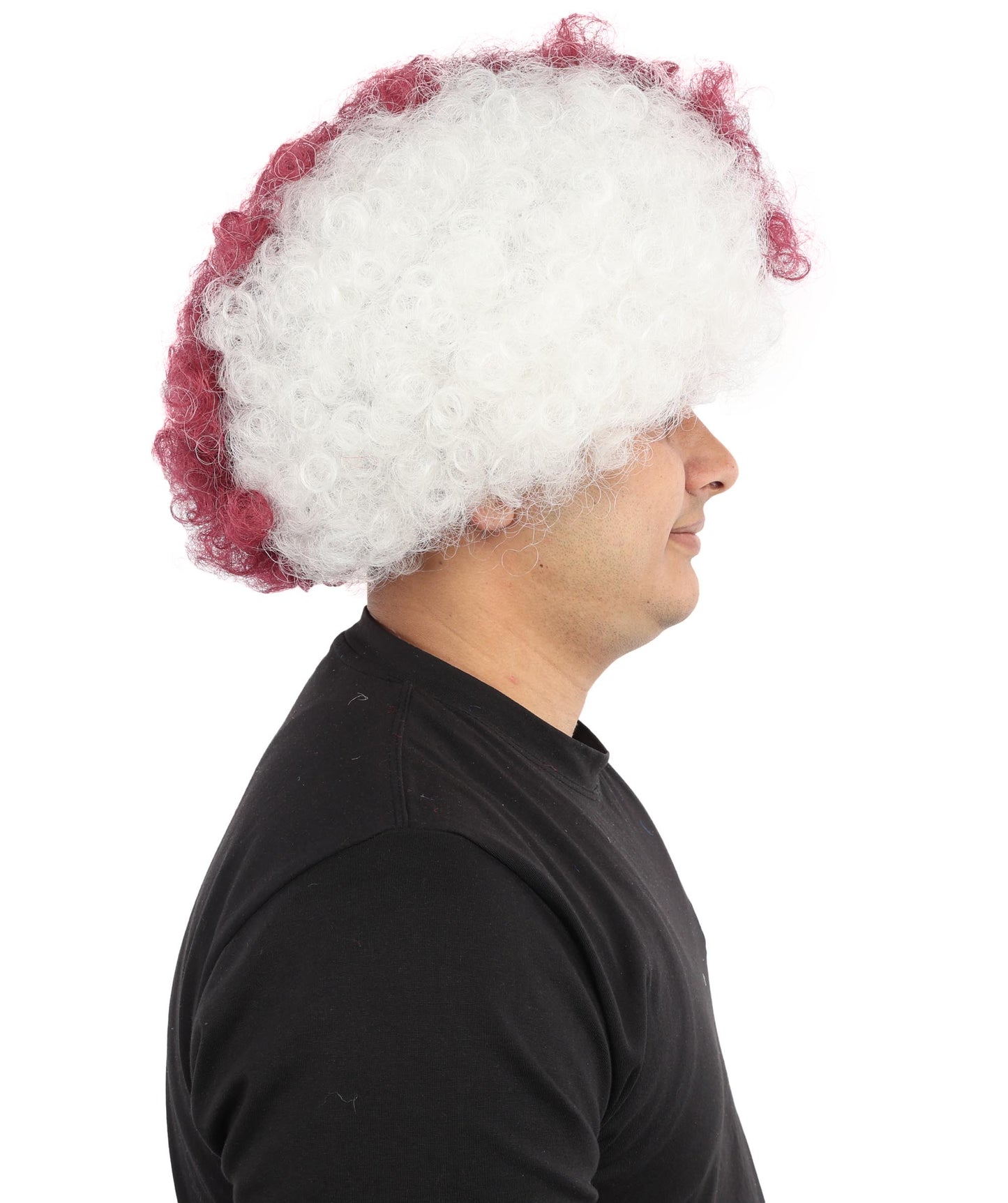 HPO Unisex Qatar Flag-Inspired Curly Maroon & White Sport Clown Wig – Voluminous Curl with Standard Cap | National Colors for Sports, Festivals & Cosplay