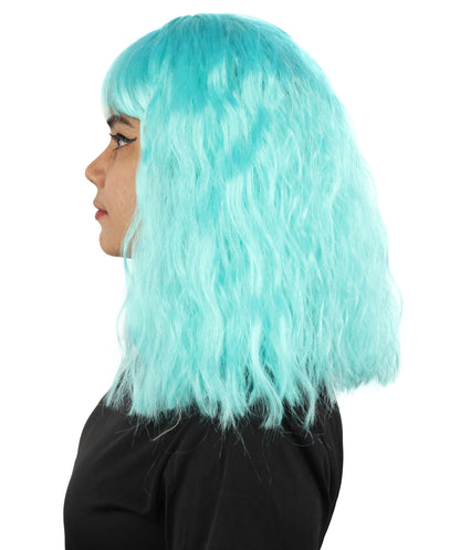 HPO Women's Short Wavy Bob wig | Vibrant aqua cyan, created of flame-retardant synthetic fiber, thick layered texture, breathable cap | Cosplay, drag, performance, themed events