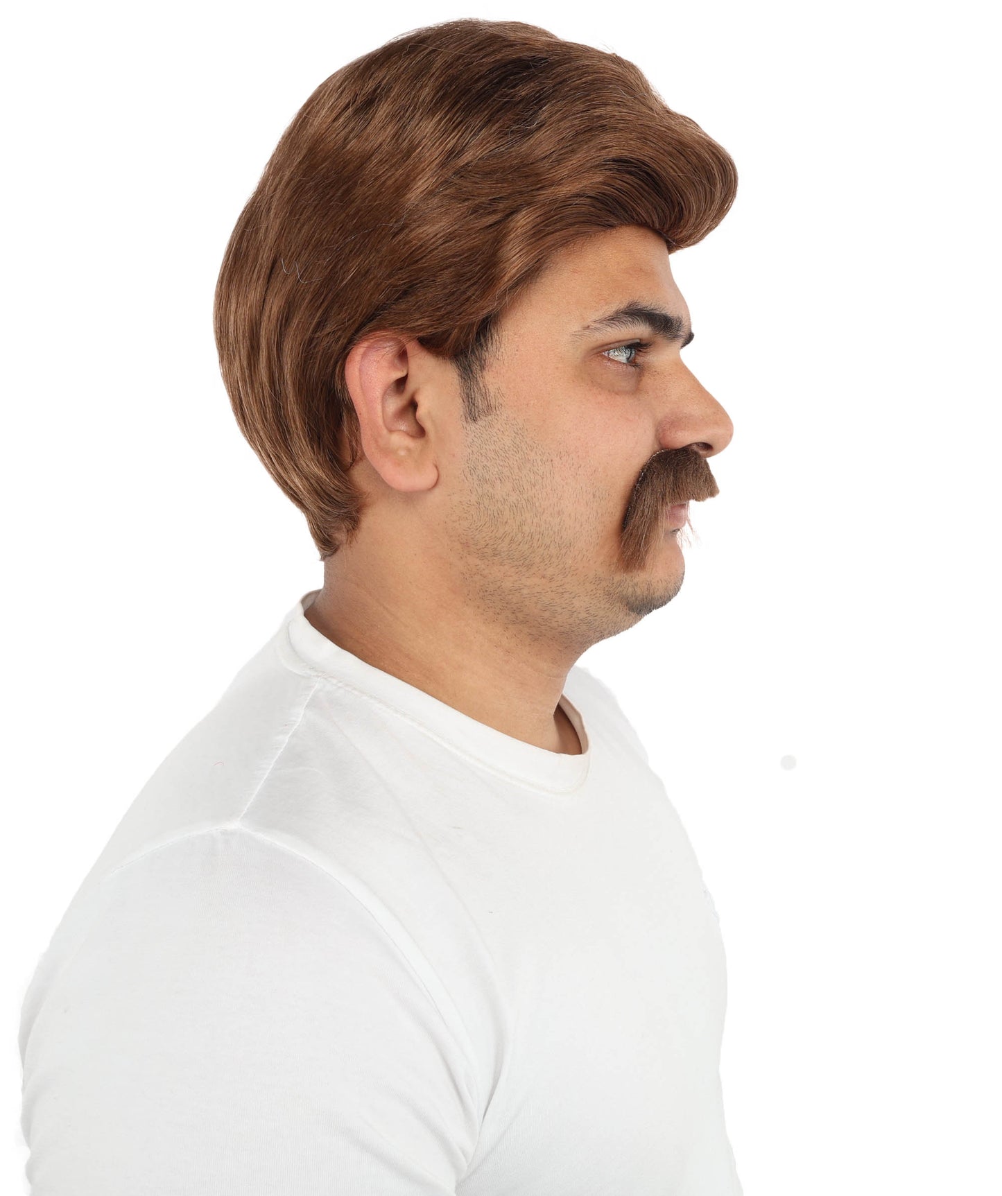 HPO Men’s Chestnut Brown Blend Wig with Mustache Set | Retro Gentleman Hair Style | Cosplay Outfit for Costume Parties, Stage Performances & Themed Events