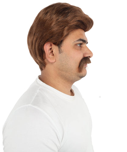 HPO Men’s Chestnut Brown Blend Wig with Mustache Set | Retro Gentleman Hair Style | Cosplay Outfit for Costume Parties, Stage Performances & Themed Events