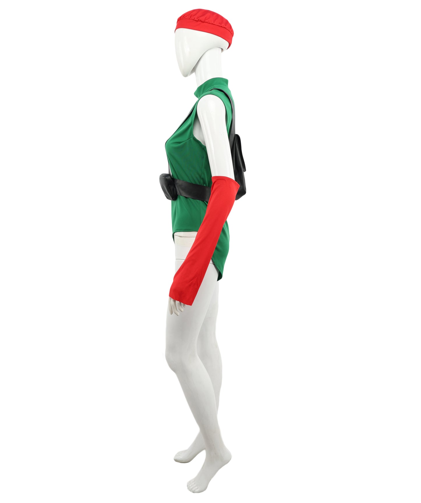 HPO Adult Elite Female Fighter Outfit | Green Bodysuit with Red Beret, Gloves & Black Belt Holster | Cosplay, Halloween & Role Play