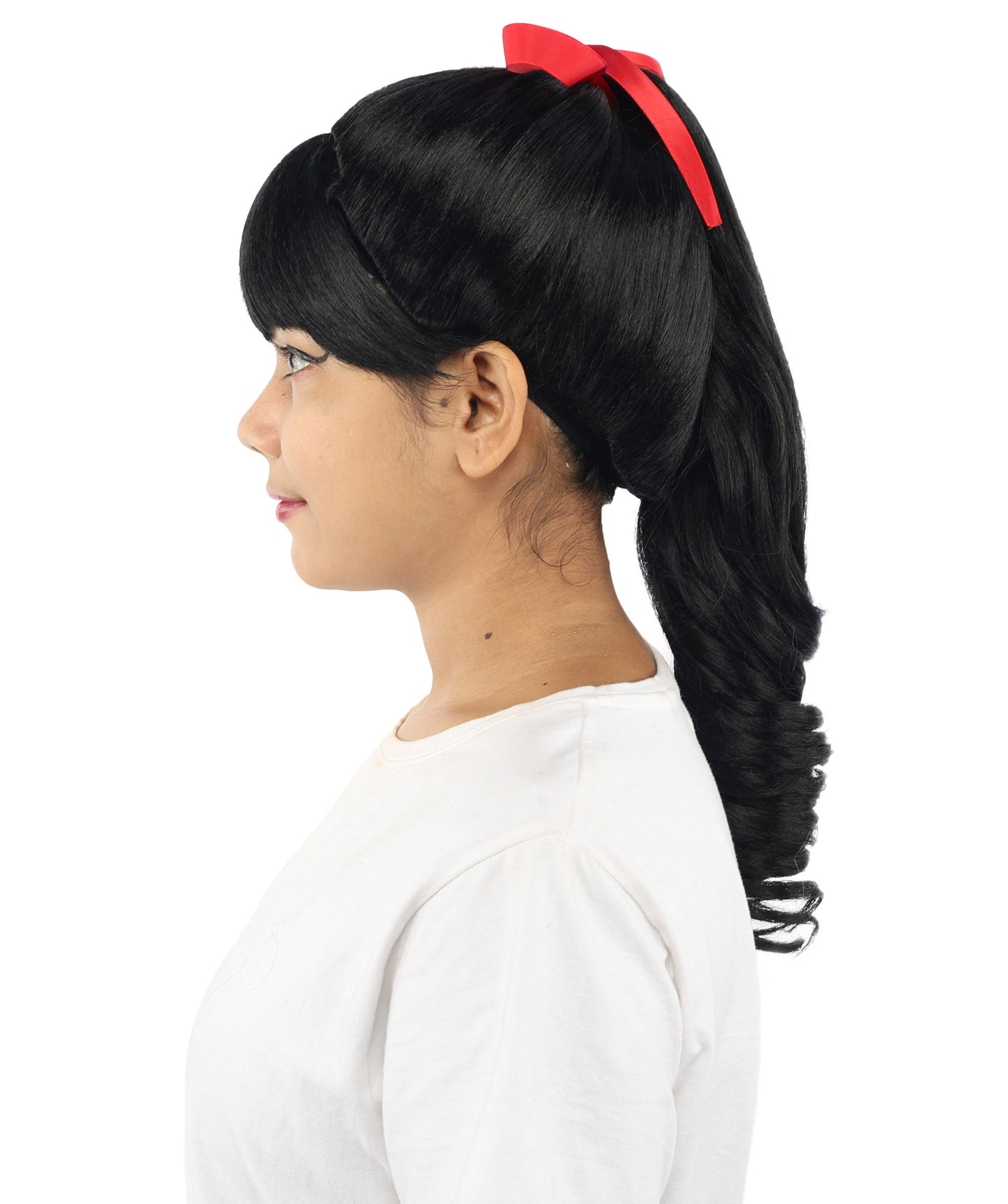 HPO Women's Spiral Ponytail Wig | Multicolor Options | High Updo with Red Ribbon Bow & Bangs, Heat Friendly Synthetic Fiber & Breathable Cap | Halloween, Christmas Event, Themed Party, Theater & Roleplay