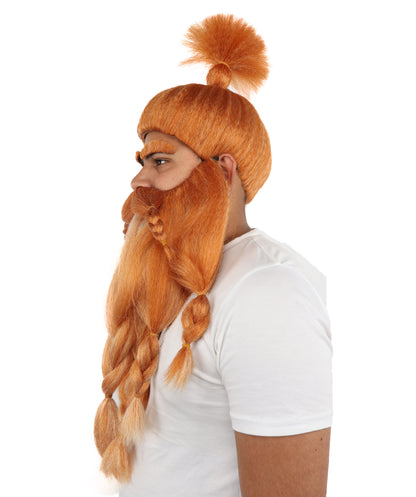 HPO Golden Brown Warrior Wig Beard Mustache Set with Eyeborws for Adults | Synthetic fiber Accessory Set with Capless Cap | Ideal for Halloween , Cosplay and any event