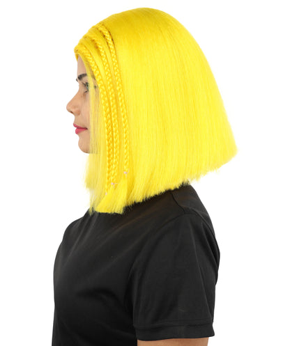 HPO Celebrity-Style 11 Inch Green Rooted Blonde Front Braided Straight Wig | Shoulder-Length Fun, Bold, and Stylish Hairpiece  | Ideal for Halloween, Cosplay, and Themed Parties