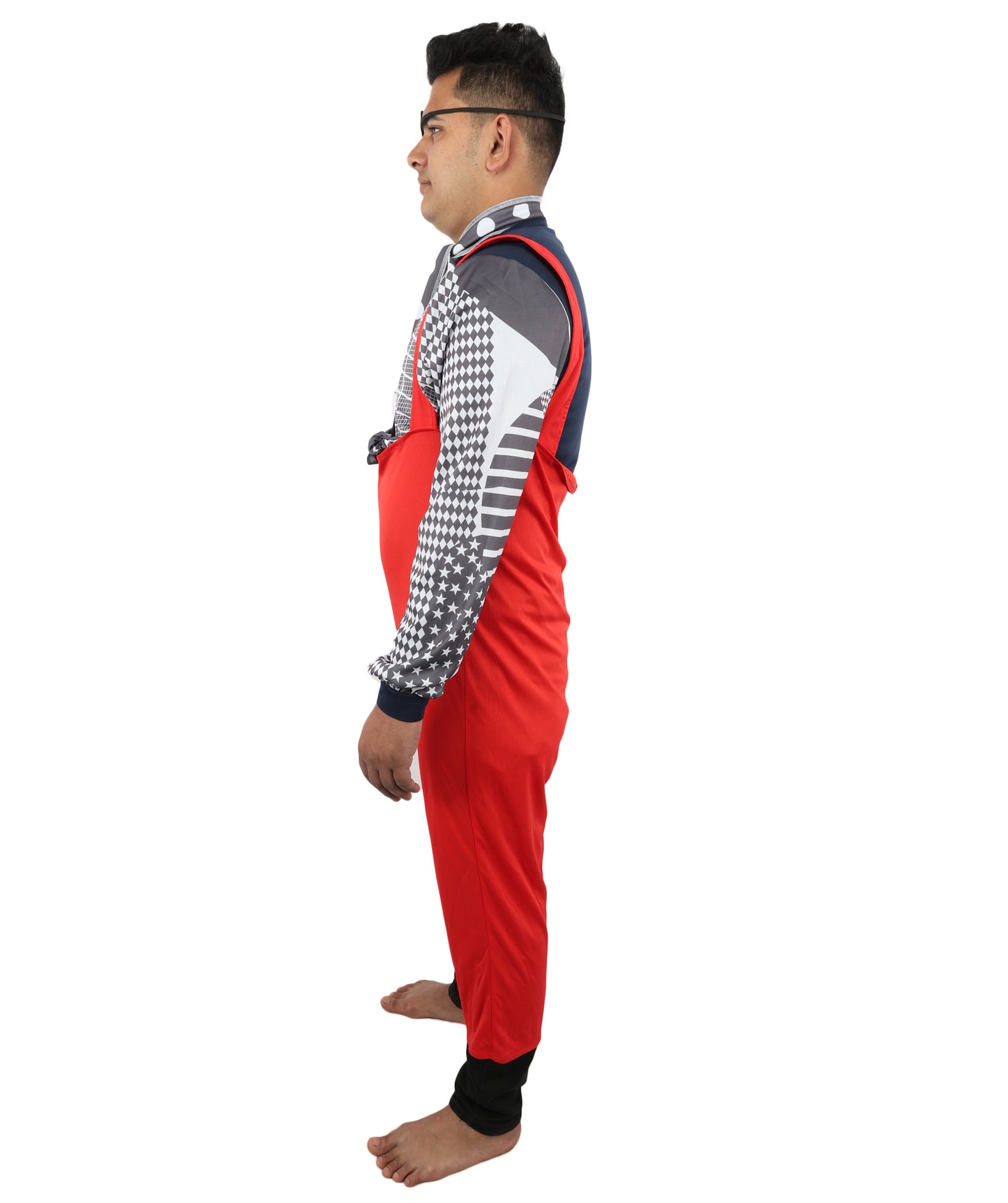 HPO Men's Retro Glam Rock Multicolor Costume | Red Overalls and Starry Shirt with Scarf and Eyepatch | Ideal for Halloween, Theater, Drag, and 70s Music Events
