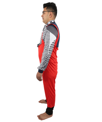 HPO Men's Retro Glam Rock Multicolor Costume | Red Overalls and Starry Shirt with Scarf and Eyepatch | Ideal for Halloween, Theater, Drag, and 70s Music Events
