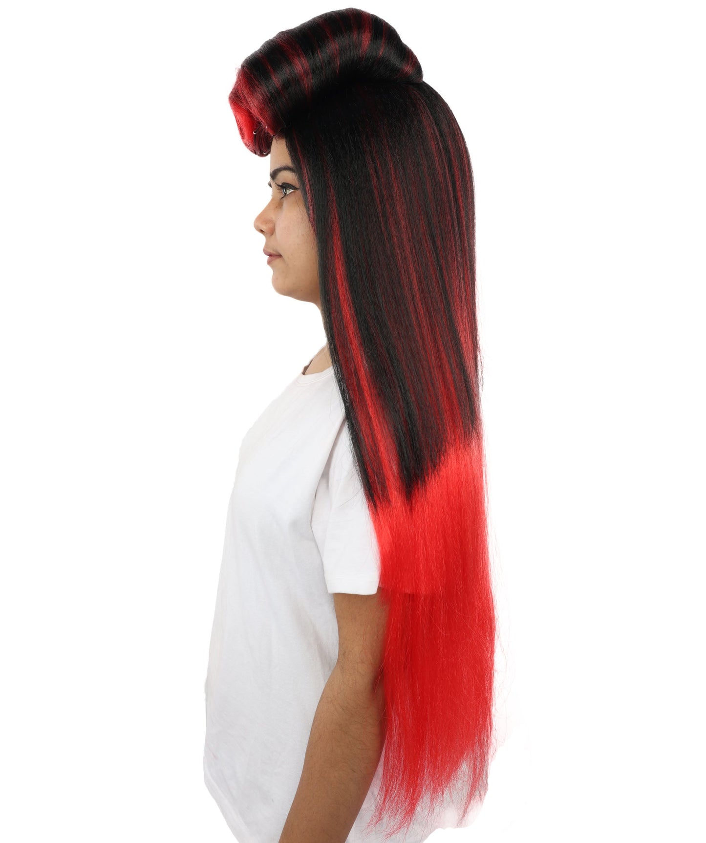 Women’s Straight Black Red Roller-Top Retro Wig | 60s Style Center Part Long Hair | Bold Fancy Dress Party Wig for Fashion, Halloween and Cosplay