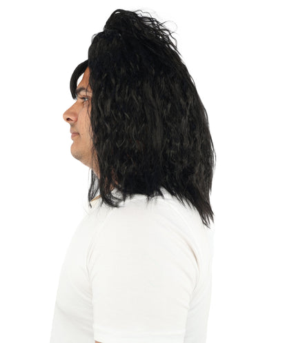 HPO Men's Heavy Metal Rockstar Black Wig | Dark wavy synthetic fibers with massive crimped volume and capless construction | Essential for theater performance drag Halloween costume events and party