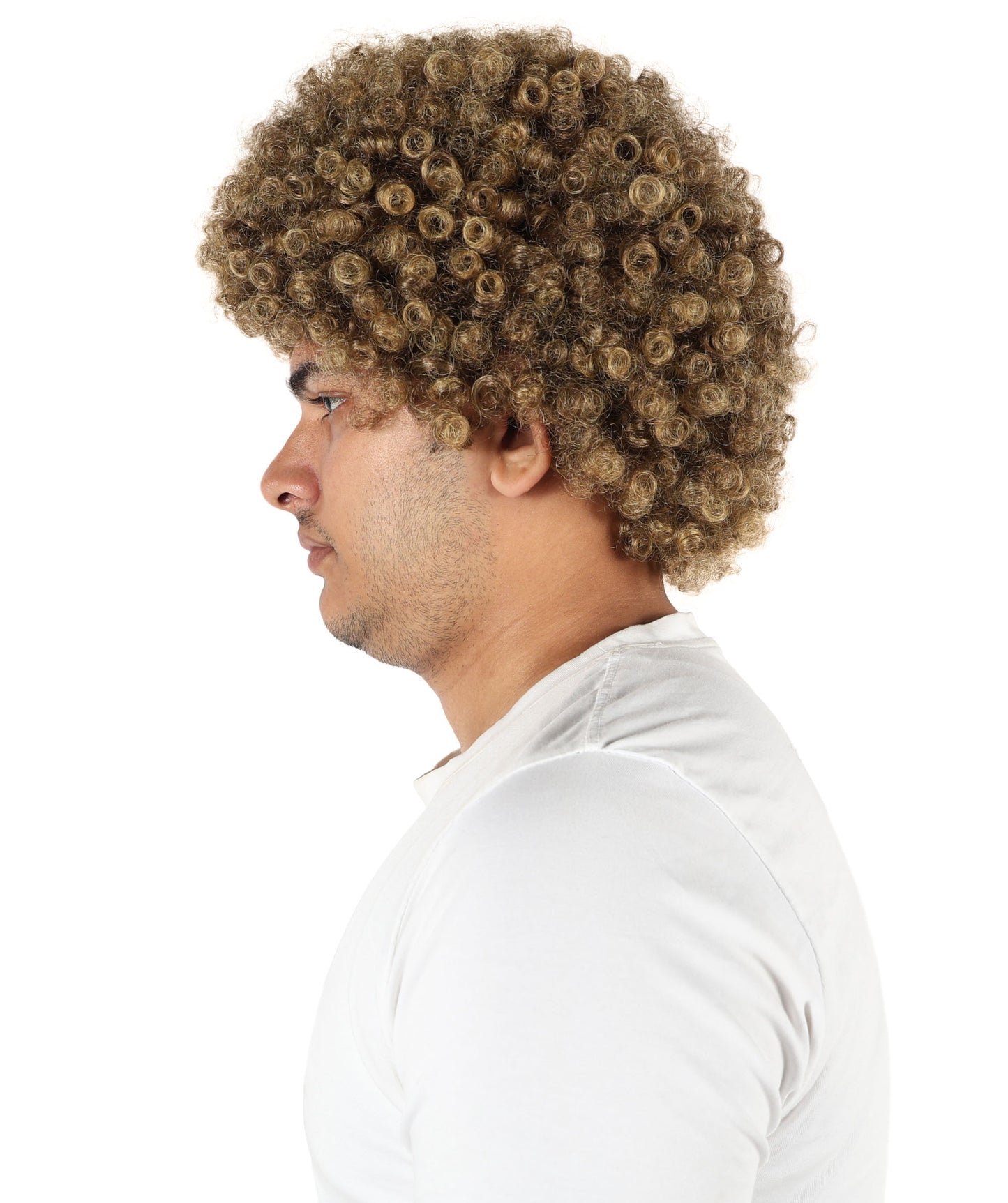 HPO Men’s Curly Athlete Brown Wig | Voluminous Synthetic Hairpiece with Thick Curls | Adjustable Fit for Stage, Parties & Roleplay