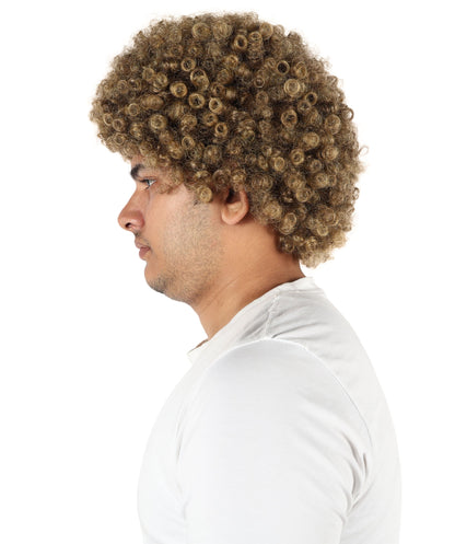 HPO Men’s Curly Athlete Brown Wig | Voluminous Synthetic Hairpiece with Thick Curls | Adjustable Fit for Stage, Parties & Roleplay