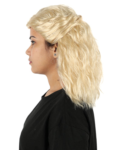 HPO Women’s Blonde Medium-Length Wavy Wig | Flame-Resistant Medium Wig | Lightweight & Natural Look suitable for Party and Halloween